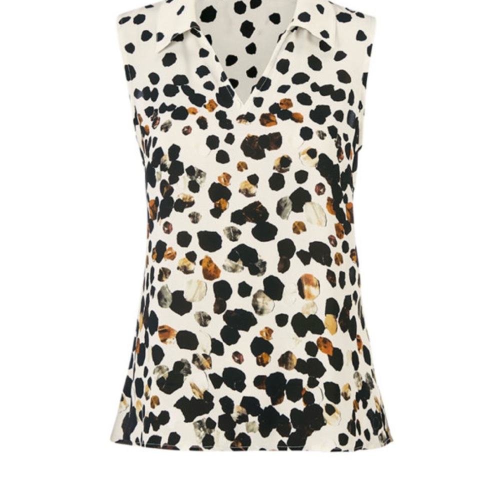 CAbi Cream and White Notched Collar Blouse with Animal Print